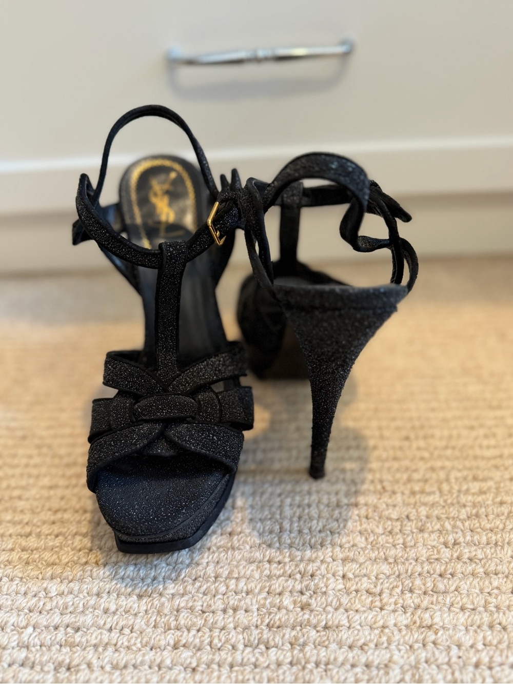 Yves Saint Laurent Black Glitter Platform T-Strap Heels - Picture 3 of 6
